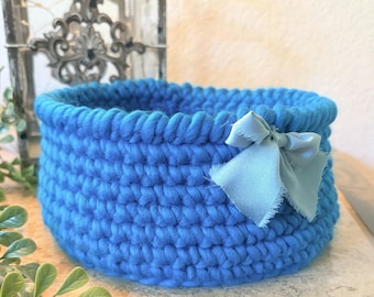 Chunky Turquoise Hand Crocheted Small Catch-all Basket, Ribbon Bow, Gift Basket | Charity Donation, Pet Rescue Adoption Shelter, Cause