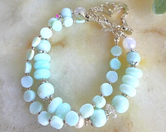 Peruvian Opal Handmade Multi-Strand Bracelet, Quartz, Agate, Pear, Buttefly Claspl | Charity Donation, Animal Rescue Shelter Adoption, Cause