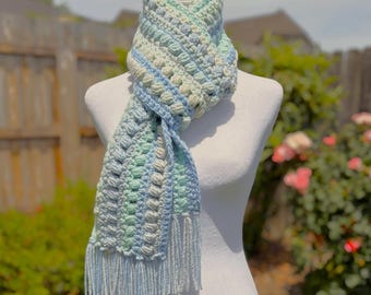 Cream Aqua Blues Cuddly Hand Crocheted Scarf, Fringe, Warm Cozy Winter Neck Warmer | Animal Pet Rescue Shelter Charity Donation, Cause