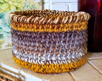 Rustic Multi Hues Chunky Hand Crocheted Catch-All Basket, Boho Decor, Farmhouse | Charity Donation, Pet Rescue Adoption Shelter, Cause