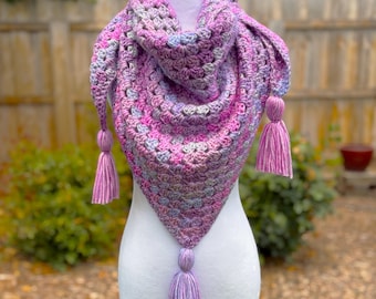 Vivid Pastels Multi Hued Hand Crocheted Triangle Scarf Shawl Shrug, PInk Purple Blue | Animal Rescue Charity Donation, Shop for a Cause