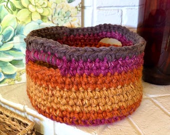 Chunky Hand Crocheted Multi-Hue Basket, Rustic Boho Decor, Farmhouse Catch-All | Charity Donation, Pet Rescue Adoption Shelter, Cause