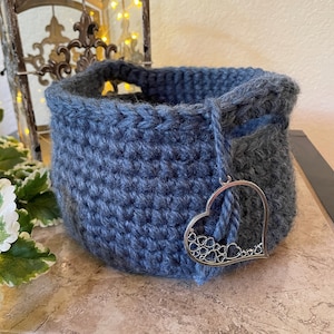Deep Denim Blue RECYCLED Yarn Crocheted Catch-All Basket, Heart Charm, Gift Basket || Charity Donation, Pet Rescue Adoption Shelter, Cause