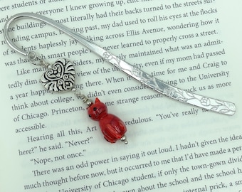 Red Kitty Lampwork Charm Metal Bookmark, Etched Heart, Student Reader Teacher Gift | Charity Donation, Pet Rescue Adoption Shelter, Cause
