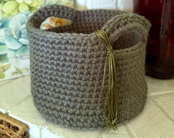 Forest Green RECYCLED Yarn Hand Crocheted Catch-All Basket, Chunky Heavy, Silky Cord Tassel | Charity Donation, Pet Rescue Shelter Cause