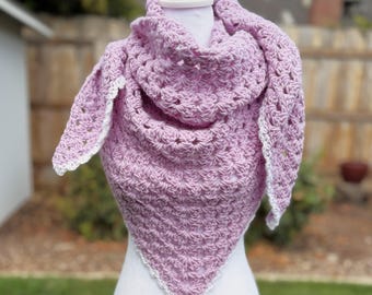 Warm Cozy Triangle Scarf Shawl, Soft Lavender, White Trim, Women Winter Scarf, Hand Crocheted | Animal Rescue Shelter Charity Donation Cause