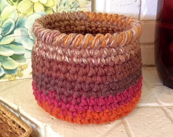 Rustic Multi Hues Chunky Hand Crocheted Catch-All Basket, Boho Decor, Farmhouse | Charity Donation, Pet Rescue Adoption Shelter, Cause