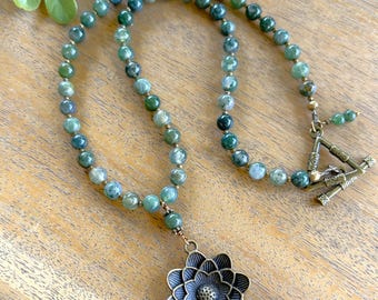 Moss Agate & Bronze Lotus Pendant Necklace, Earthy Natural Stone, Triangle Toggle | Charity Donation, Animal Rescue Shelter Adoption, Cause
