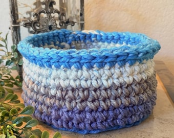 Chunky Handmade Crocheted Catch-All Basket, Beachy Blues White Gray, Gift Basket | Charity Donation, Pet Rescue Shelter Adoption, Cause