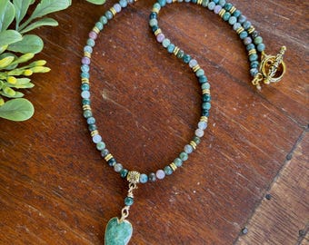 Fancy Jasper with Green Stawberry Quarts Heart Pendant Necklace, Earthy Natural Stone | Charity Donation, Animal Rescue Shelter , Cause