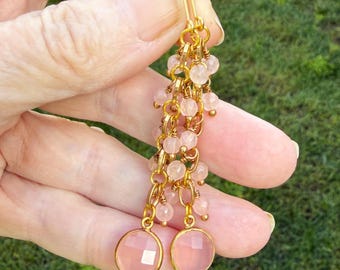 Long Rose Quartz Cluster Dangle Earrings, Linear, Shoulder Duster, Feminine Gift for Her | Charity Donation, Pet Rescue Adoption, Cause