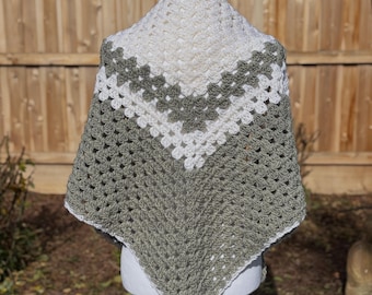 Silvery Gray & Snow White Warm Cozy Triangle Scarf Shawl Bandana, White Picot Trim, Handmade Crochet | Animal Rescue Charity Donation, Cause