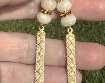 Plated White Jade Sparkly Hand Made Earrings, Long Dangles, Smoky Rhinestone, Diamond Geometric | Charity Donation Pet Rescue Adoption Cause