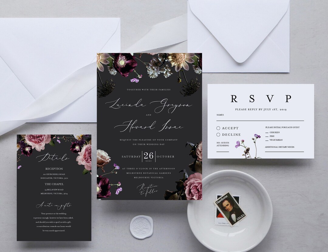 Moody Wedding Invitation Set Template, Black, Dark Floral, INSTANT DOWNLOAD, Printable Invite ...