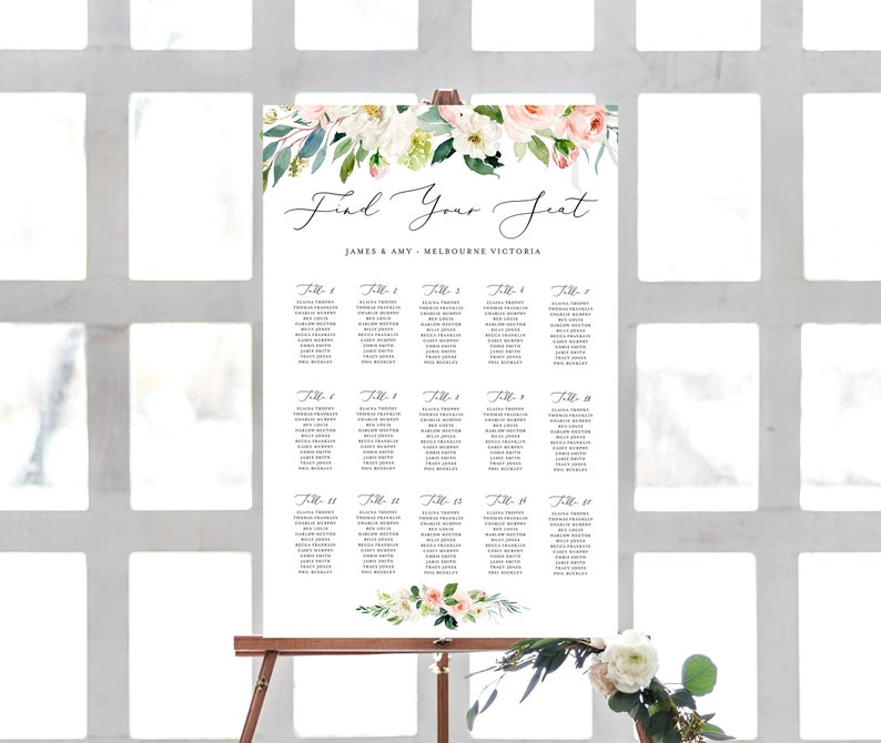 Table Layout Table Poster Seating Plan Signage INSTANT DOWNLOAD Portrait Peonies Seating Chart Blush Pink Sign INSW005