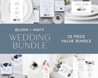 Blush & Navy Wedding Bundle INSTANT DOWNLOAD template, DIY wedding templates, Calligraphy wedding, Templett, Watercolor Floral INSW008