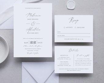 Modèle de jeu d'invitation de mariage modifiable, minimal, blanc, simple, téléchargement immédiat, invitation imprimable, RSVP et détail, Templett INWD001