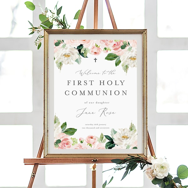 First Holy Communion Welcome Sign INSTANT DOWNLOAD Boy baptism, Girl Baptism, Welcome Sign, first communion sign, Christening, Floral