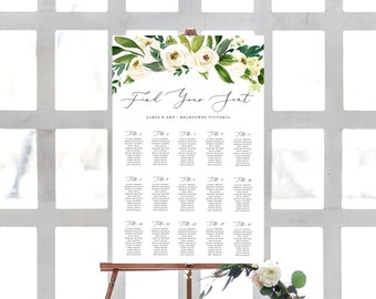 White Floral Seating Chart, INSTANT DOWNLOAD Portrait, Sign, Signage, Table Poster, Seating Plan, Table Layout, Roses Peonies - INSW015