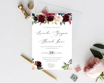 Burgundy Wedding Invite INSTANT DOWNLOAD Template, PDF, Printable, Affordable, Easy, 5x7, Invitation, Ceremony, Rush Order, Floral,  INSW009