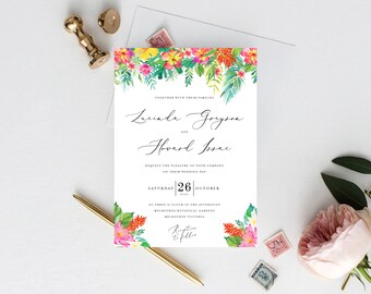 Tropical Wedding Invite INSTANT DOWNLOAD Template, PDF, Printable, Affordable, Easy, 5x7, Invitation, Ceremony, Rush Order, Beach,  INSW013