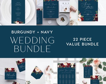 Burgundy & Navy Wedding Bundle INSTANT DOWNLOAD template, DIY wedding templates, Calligraphy wedding, Templett, Marsala,  INSW025