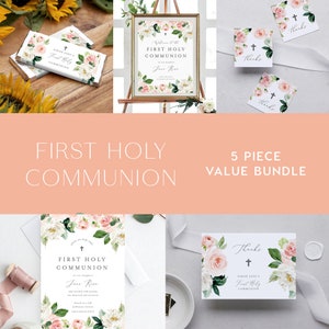 First Holy Communion Bundle INSTANT DOWNLOAD Value Bundle - Invite, Welcome sign, Thanks tag, Thanks card, Candy Label, Blush Pink