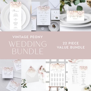 Peony Wedding Bundle INSTANT DOWNLOAD template, DIY wedding templates, Calligraphy wedding, Templett, Vintage Peonies, Blush Pink INSW018