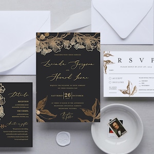 Gold Foil Wedding Invitation Set Template, Black & Gold, Floral INSTANT DOWNLOAD, Printable Invite, RSVP and Details, Templett INSW016