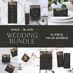 Black & Gold Wedding Bundle INSTANT DOWNLOAD template, DIY wedding templates, Calligraphy wedding, Templett, Gold Foil, Floral INSW016