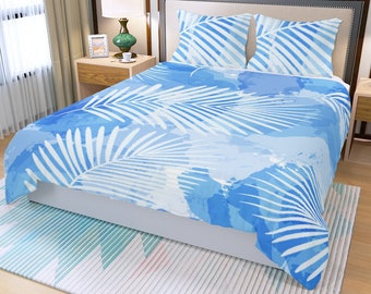 Three Piece Duvet Cover Set Blue and White Palm Fronds