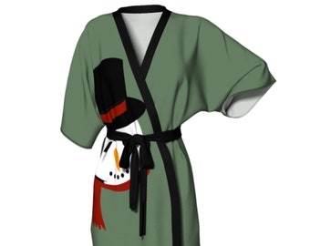 Snowman Kimono Robe | Women's Robe - Green - Holiday Robe - Christmas Robe