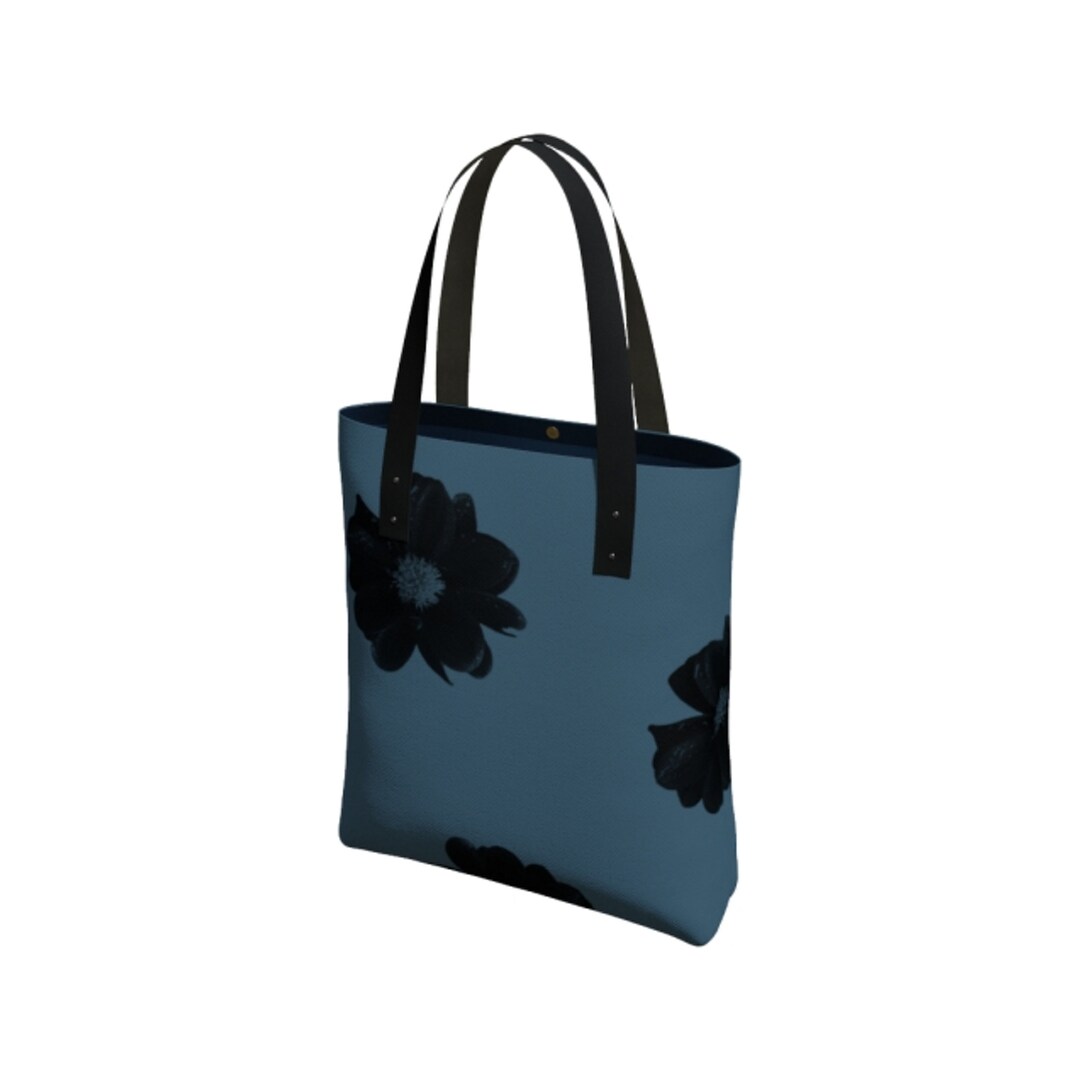Shoulder Tote Bag Flower Design Blue Black Vegan Leather Strap
