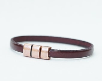 Bordeaux Leather Bracelet 5mm band with magnetic closure