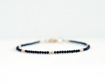 Onyx Bracelet Black Dainty Beaded Bracelet for Women Natural Genuine Stone Gold Filled, Sterling Silver