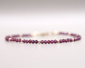 Dainty Rhodolite Garnet 2.5mm Bracelet for Women, Gold Filled, Sterling Silver