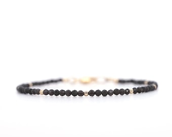 Black Obsidian Bracelet for Women Dainty Beaded Natural Crystal, Sterling Silver, Gold Filled