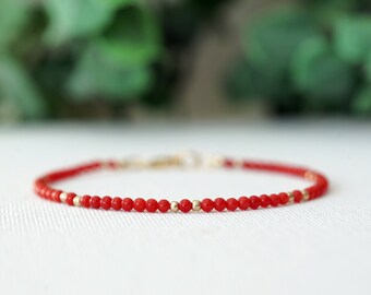 FAMA Red Coral Beaded Stretch Bracelet with Golden Paved Beads FAMA Red Coral Beaded Stretch Bracelet with Golden Paved Beads