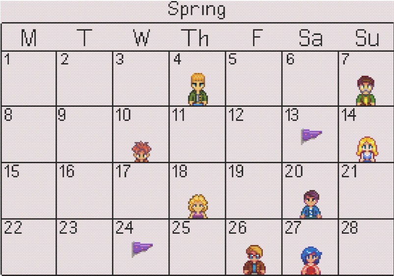 Stardew Valley Spring Calendar Cross Stitch Pattern Full Size Instant  Digital Download PDF - Etsy