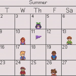 May include: A calendar for the summer season with a grid of 28 squares, each representing a day of the month. The calendar is decorated with pixelated characters from a video game, each representing a different day of the month.