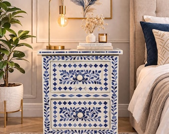 Mesita de noche con incrustaciones de hueso azul y blanco / Mesita de noche geométrica marroquí hecha a mano / Mesita auxiliar de lujo