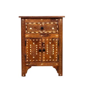 Teak wood Handmade Bone Inlay Bedside Table – Floral Pattern Nightstand with Drawer | Indian Accent Furniture | Bedroom Side Table