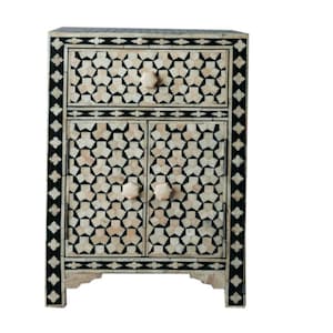 Handmade Bone Inlay Bedside Table – Floral Pattern Nightstand with Drawer | Indian Accent Furniture | Bedroom Side Table