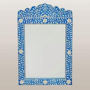 Handmade Bone Inlay Mirror – White Floral Wall Mirror | Decorative Inlay Mirror for Bathroom or Living Room
