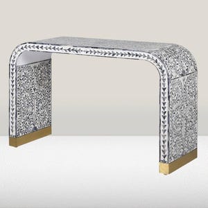 Handmade Bone Inlay Console Table – Floral White Entryway Table | Inlay Furniture for Hallway or Living Room blue and white /black and white