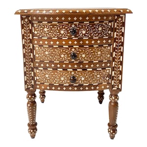 Teak wood Handmade Bone Inlay Bedside Table – Floral Pattern Nightstand with Drawer | Indian Accent Furniture | Bedroom Side Table