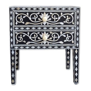 Handmade Bone Inlay Bedside Table – Floral Pattern Nightstand with Drawer | Indian Accent Furniture | Bedroom Side Table