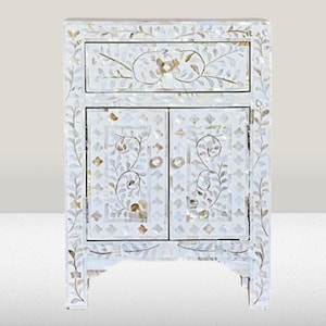 Handmade mother of pearl/ Bone Inlay Bedside Table – Floral Pattern Nightstand with Drawer | Indian Accent Furniture | Bedroom Side Table
