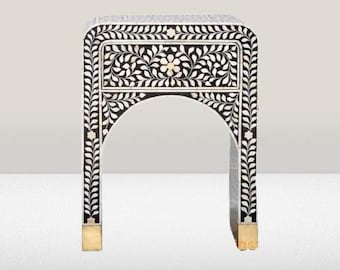 Bone Inlay Bedside Table Black & White | Handmade Moroccan Geometric Nightstand | Luxury Side Table
