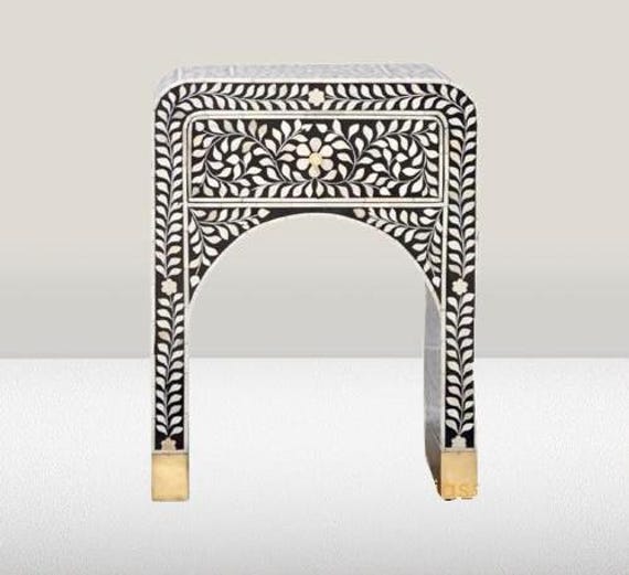 Bone Inlay Bedside Table Black & White | Handmade Moroccan Geometric Nightstand | Luxury Side Table